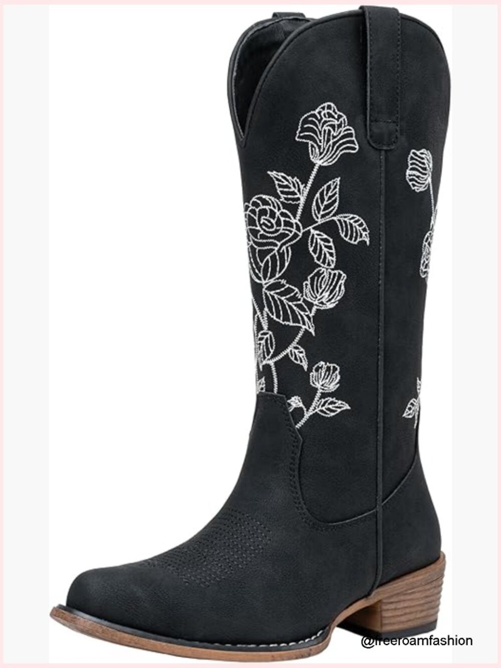 Western Cowboy Boots, Mid Calf Embroidery Flower Cowgirl Boots Low Heel